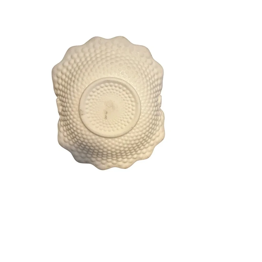 Vintage  White Satin Milk Glass Hobnail Basket Ruffled Edge Applied Handle